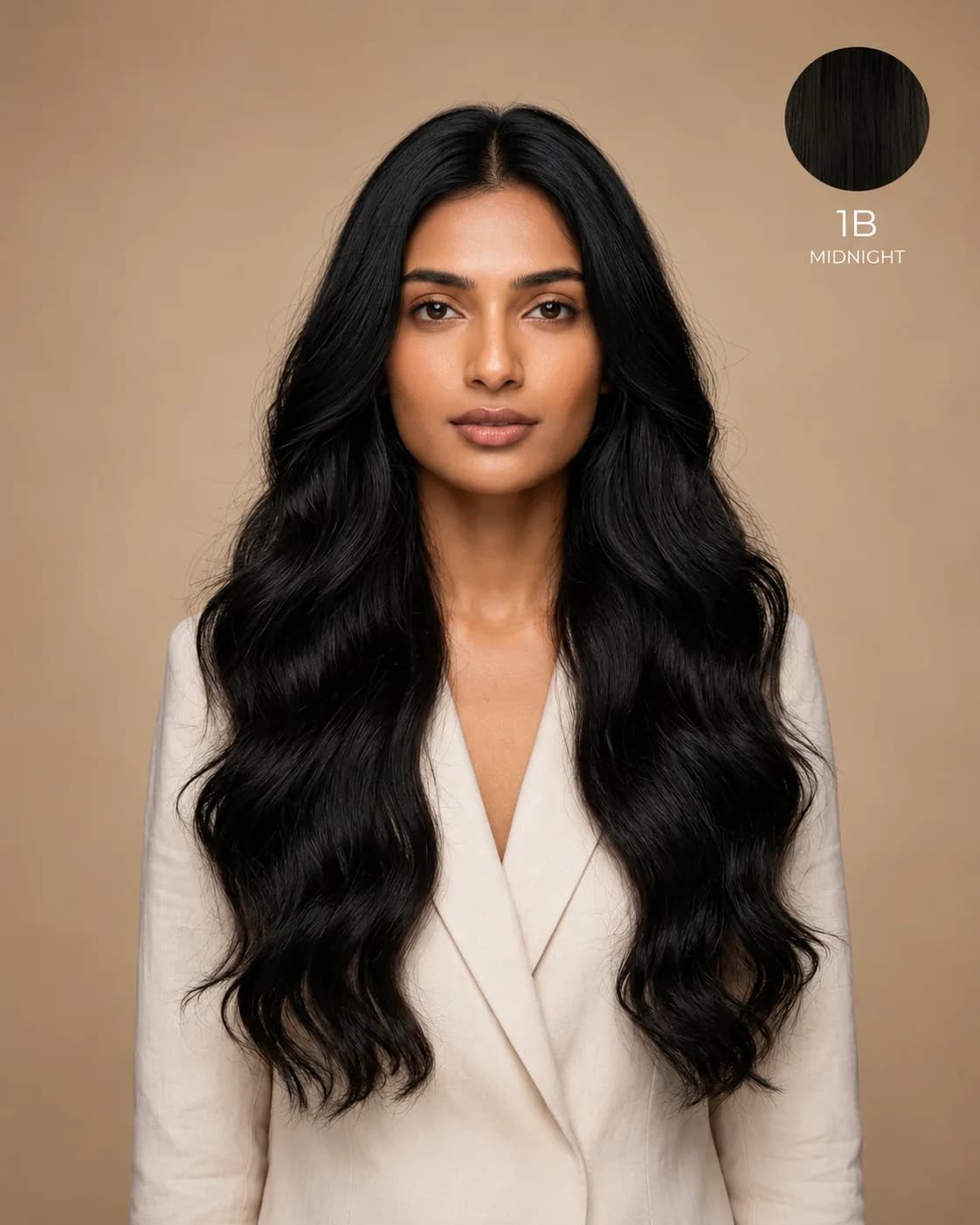 Dani Steel™ shade 1B shown on long hair extensions.