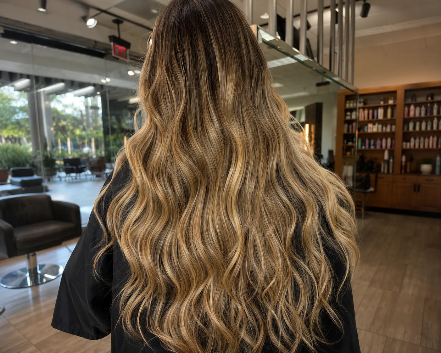 Finished transformation seen from behind in the salon — long, warm blonde waves