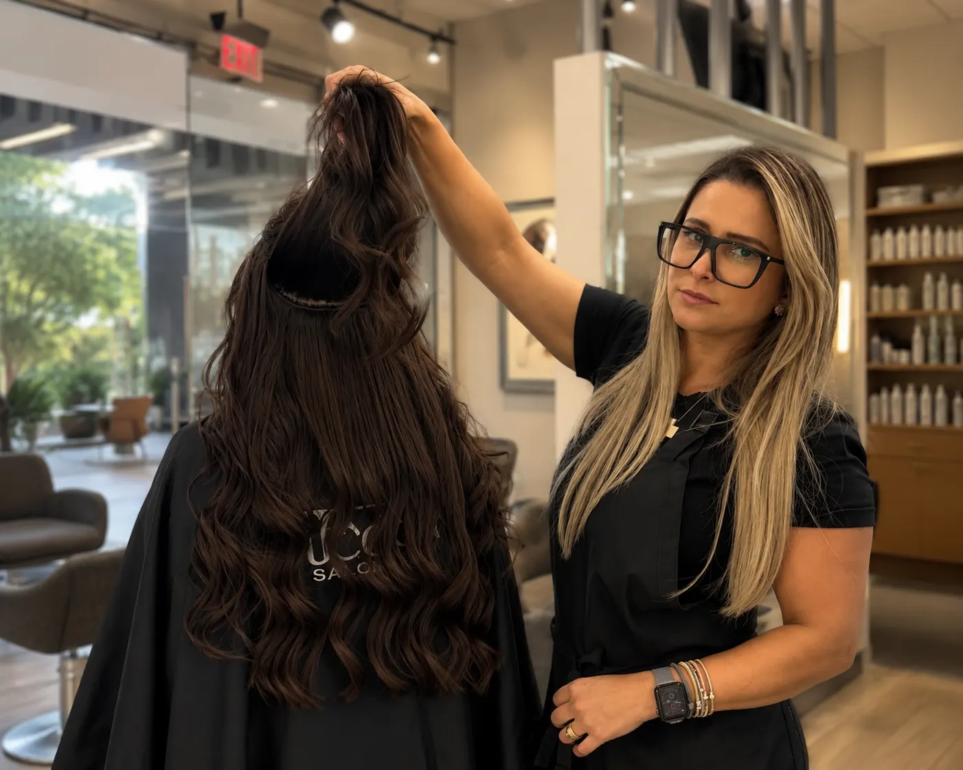 Specialist holding a premium hair weft over a client's brunette hair in the salon